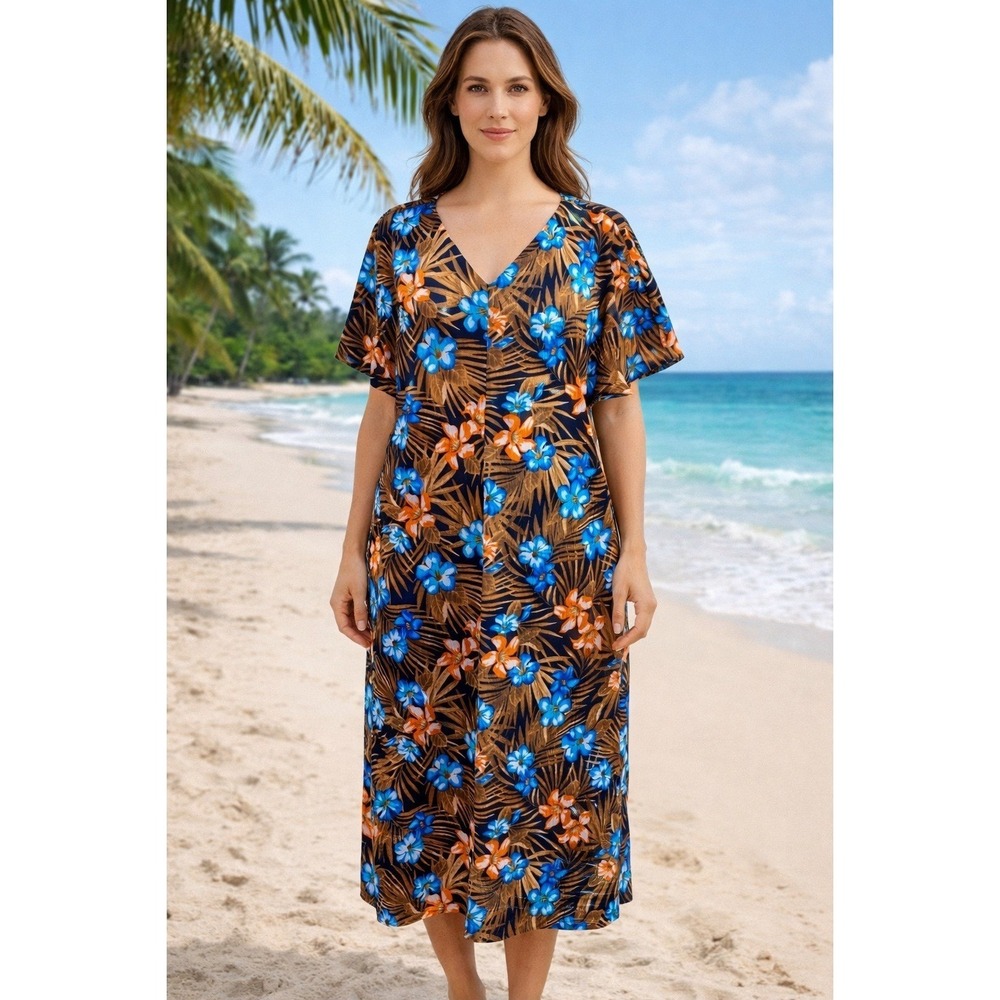 Lands' End Dress Women's Large Hi Low Ribbed Floral V-Neck Lagenlook Cottagecore